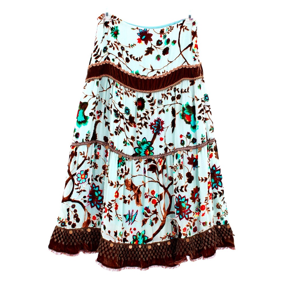 ECI New‎ York Boho Skirt size 4 Floral Velvet Burnout Tiered Maxi Blue Brown